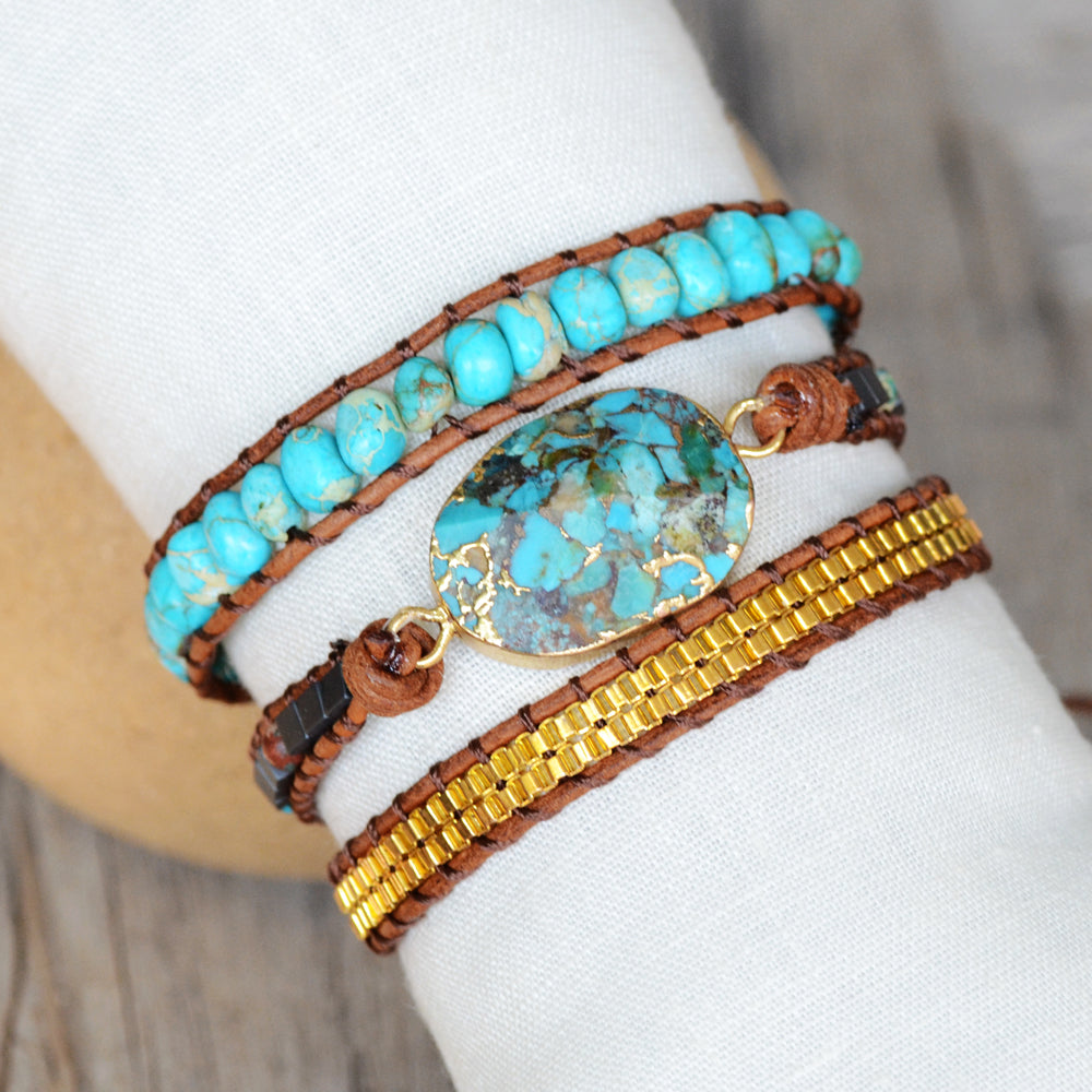 Gold Plated Copper Turquoise Faceted Bracelet, Multi Stones Beads Bracelet, 3-Layers Leather Wrap Bracelet, Handmade Boho Jewelry HD0269