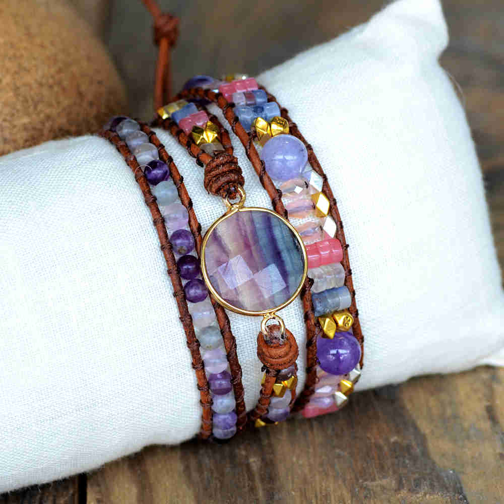 Round Fluorite Bracelets Brown Leather Wrap Healing Protection Crystal Stone Beaded Bracelet Meditation Protection Inspiring Jewelry purple gemstone bracelet
