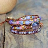 Round Fluorite Bracelets Brown Leather Wrap Healing Crystal Stone Beaded Bracelet Meditation Protection Inspiring Jewelry HD0270