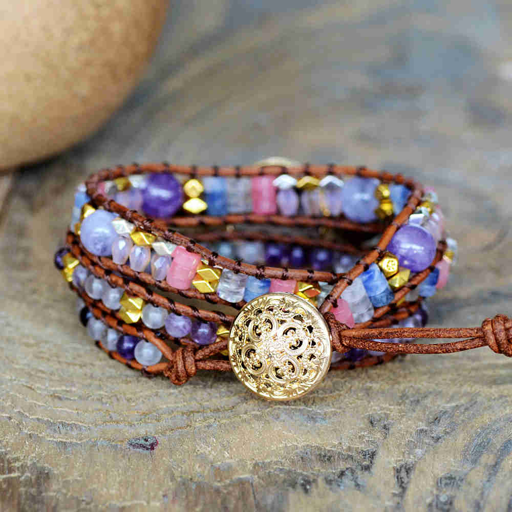 Round Fluorite Bracelets Brown Leather Wrap Healing Protection Crystal Stone Beaded Bracelet Meditation Protection Inspiring Jewelry purple gemstone bracelet