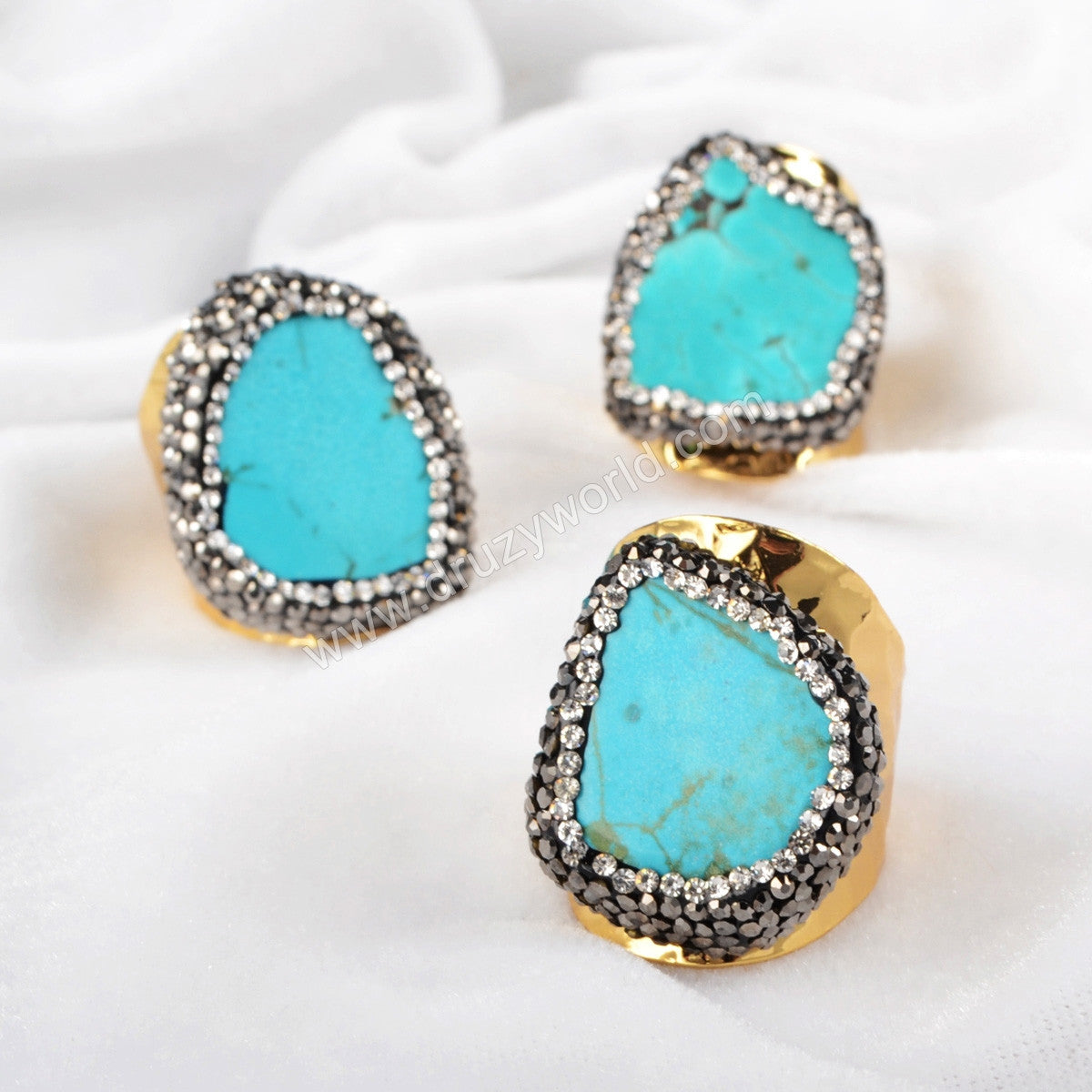 Gold Plated Blue Pink Howlite Turquoise Ring With Rhinestone Pave JAB101