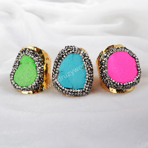 Gold Plated Blue Pink Howlite Turquoise Ring With Rhinestone Pave JAB101