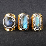 Gold Plated Natural Labradorite Band Ring Cuff With Zircon Rhinestone Pave JAB129