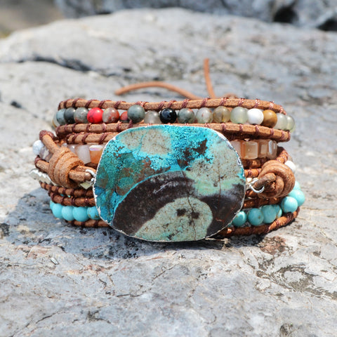 Boho-Chic Ocean Jasper Faceted Leather Bracelet, 5 Layers, Rainbow Gemstone Beads, Meditation Protection Inspiring Jewelry HD0043