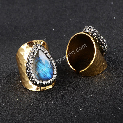 Gold Plated Natural Labradorite Band Ring Cuff With Zircon Rhinestone Pave JAB129