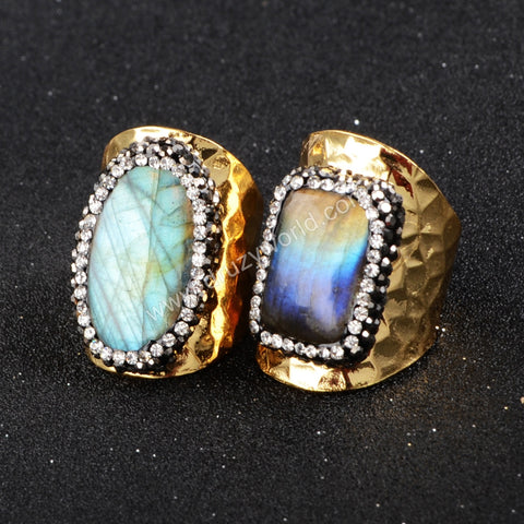 Gold Plated Natural Labradorite Band Ring Cuff With Zircon Rhinestone Pave JAB129