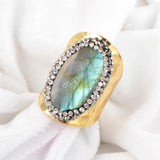 Gold Plated Natural Labradorite Band Ring Cuff With Zircon Rhinestone Pave JAB129