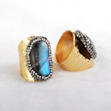 Gold Plated Natural Labradorite Band Ring Cuff With Zircon Rhinestone Pave JAB129