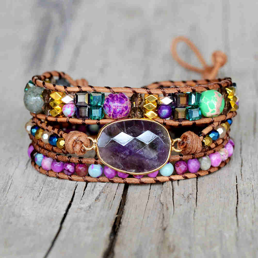 Natrual Amethyst Bracelet, Leather Wrap Bracelet, Healing Crystal Stone Beaded, Rainbow Gemstone Jewelry HD0274 Meditation Protection Inspiring Bracelet