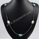 30" Rhinestone Freeform Pearl Blue Howlite Turquoise Hematite Beaded Black Chain Long Necklace, Magnet Clasp, Boho Jewelry JAB203