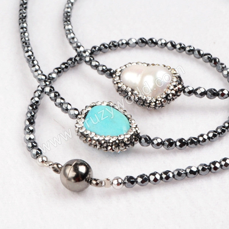 30" Rhinestone Freeform Pearl Blue Howlite Turquoise Hematite Beaded Black Chain Long Necklace, Magnet Clasp, Boho Jewelry JAB203