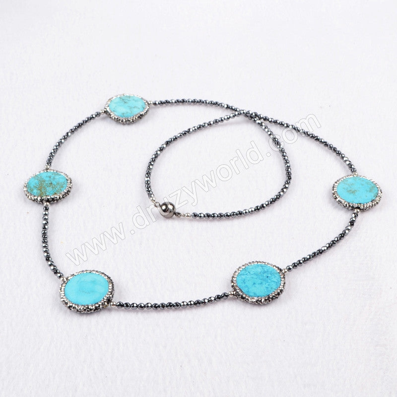30" Blue Howlite Turquoise Coin With Hematite Beaded Black Chain Long Necklace Boho Jewelry JAB205