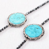 30" Blue Howlite Turquoise Coin With Hematite Beaded Black Chain Long Necklace Boho Jewelry JAB205