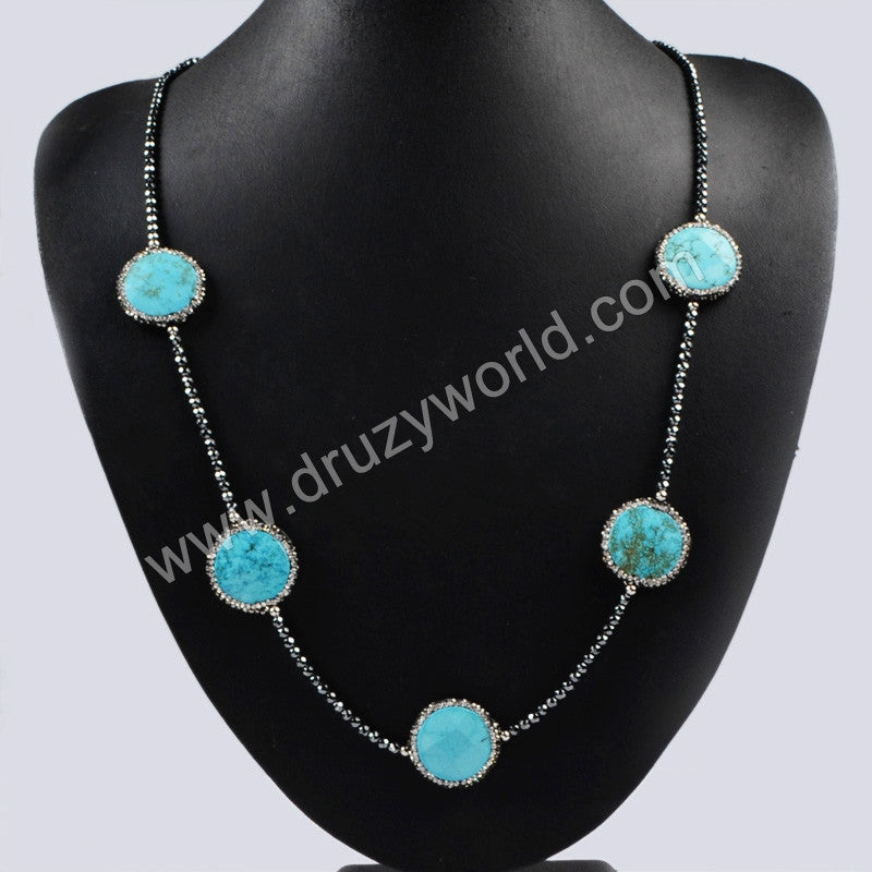 30" Blue Howlite Turquoise Coin With Hematite Beaded Black Chain Long Necklace Boho Jewelry JAB205