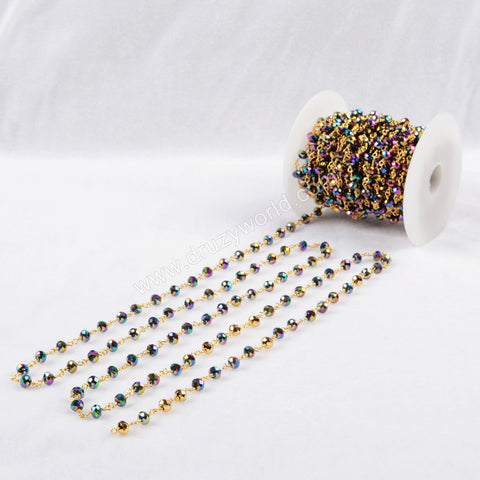 5m/lot,Brass Titanium Rainbow Color Glass Beads Chains  JT085