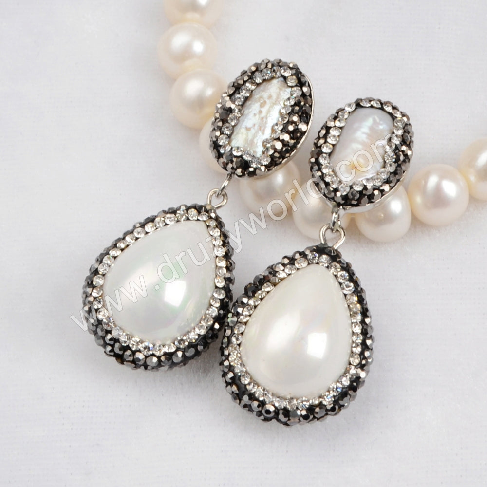 Rhinestone Pearl & Drop Pearl Shell Dangle Pendant Bead, For DIY Jewelry Making JAB195