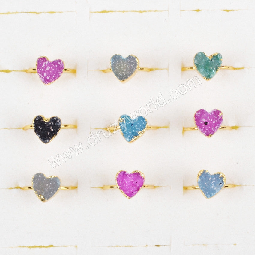 Tiny Small Size Rainbow Heart Druzy Geode Adjustable Knuckle Ring Gold Plated G0600