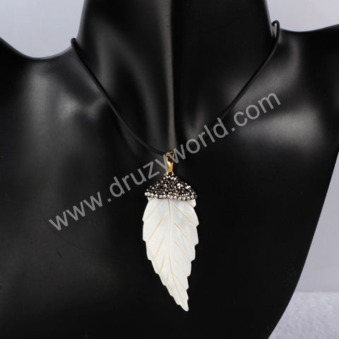 Natural White Shell Leaf Pendant Bead Rhinestone Leaf Pendant JAB113