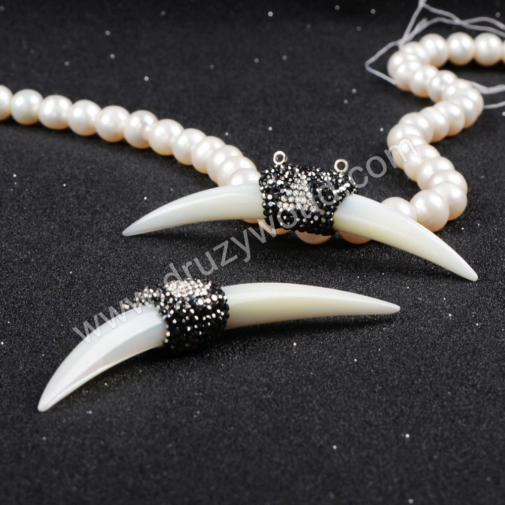 Rhinestone White Shell Horn Connector Double Bails For Jewelry Making JAB212
