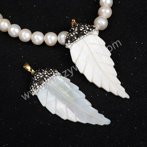 Natural White Shell Leaf Pendant Bead Rhinestone Leaf Pendant JAB113