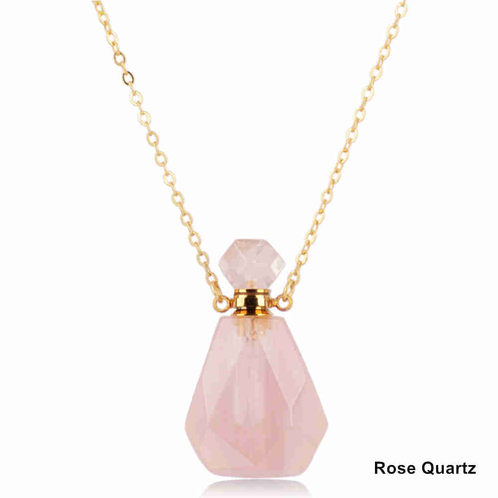 Natural Stone Amethyst Rose Quartz Stainless steel Perfume Bottle Necklace PB001