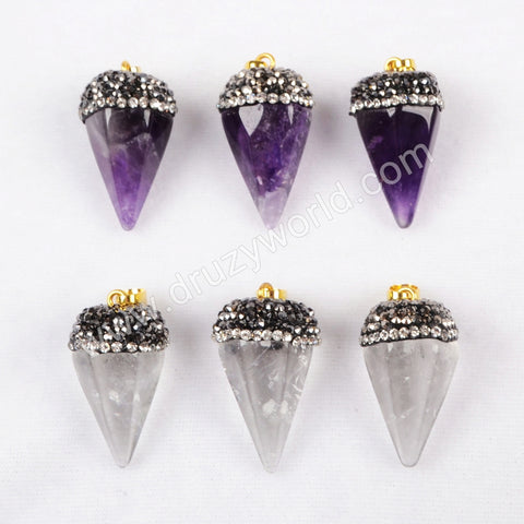 Pyramid Natural Amethyst White Quartz Faceted Point Pendant Bead Rhinestone Pave JAB199