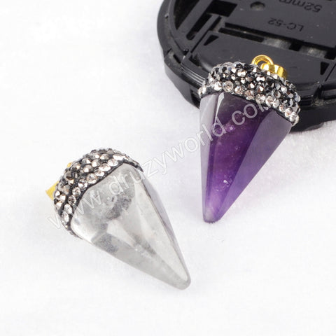 Pyramid Natural Amethyst White Quartz Faceted Point Pendant Bead Rhinestone Pave JAB199