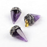 Pyramid Natural Amethyst White Quartz Faceted Point Pendant Bead Rhinestone Pave JAB199