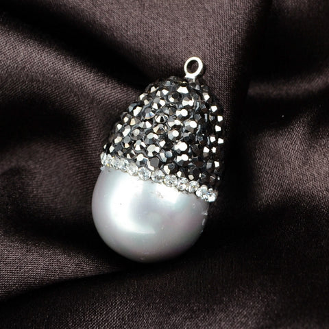 Polish Plump Tear Drop Gray Shell Pearl Charm With Rhinestone Pave Cap For DIY Jewelry Handcraft JAB081