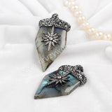 Natural Labradorite Shield Point Charm Pendant Rhinestone Pave Jewelry JAB232