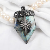 Natural Labradorite Shield Point Charm Pendant Rhinestone Pave Jewelry JAB232