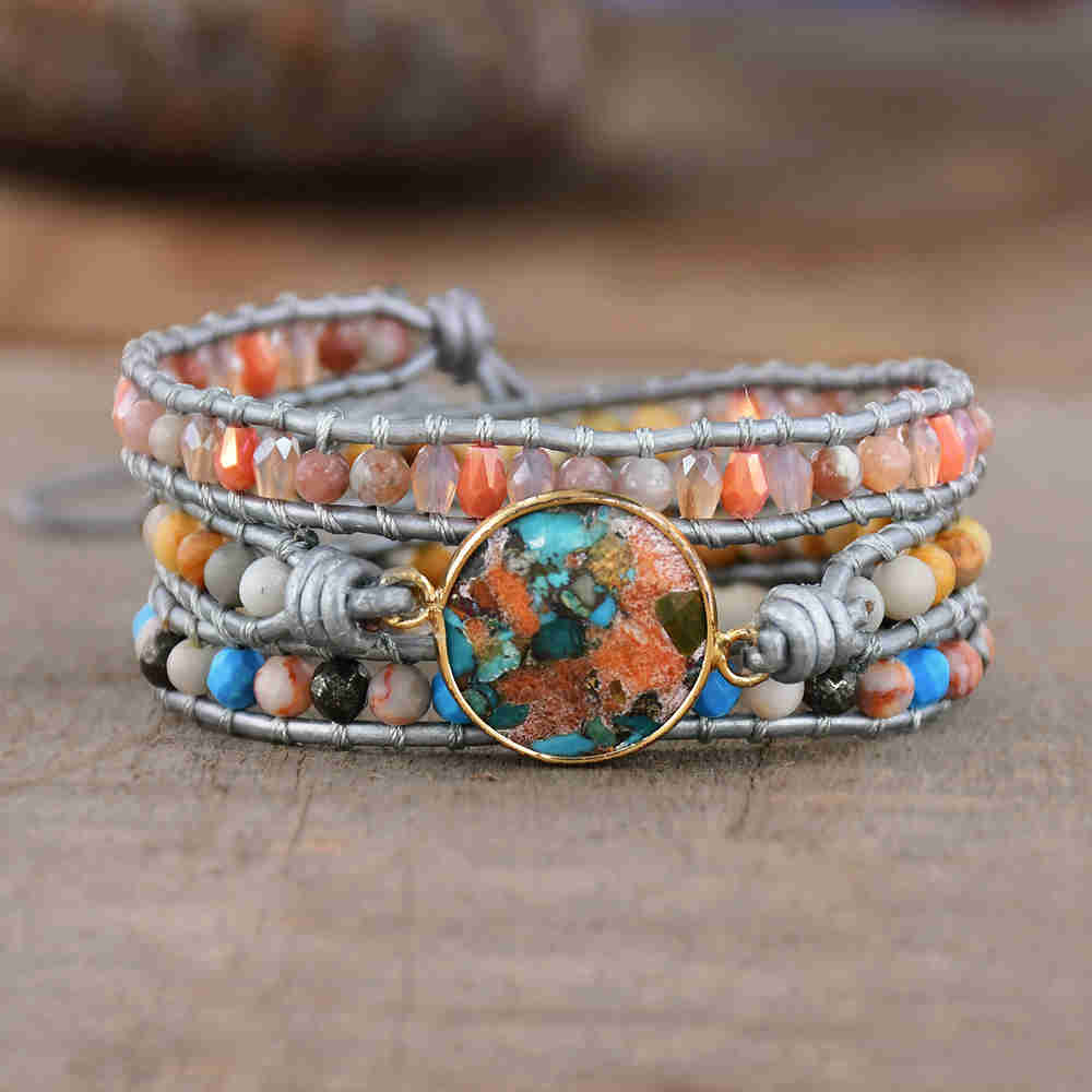 Gold Round Copper Coral Turquoise Bracelet, Leather Wrap Bracelet, Healing Crystal Stone Beaded Bracelet, Rainbow Gemstone Bracelet Jewelry HD0281 