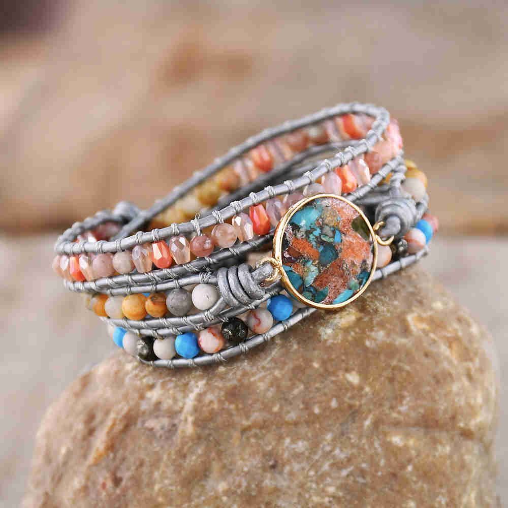 Gold Round Copper Coral Turquoise Bracelet, Leather Wrap Bracelet, Healing Crystal Stone Beaded Bracelet, Rainbow Gemstone Bracelet Jewelry HD0281 