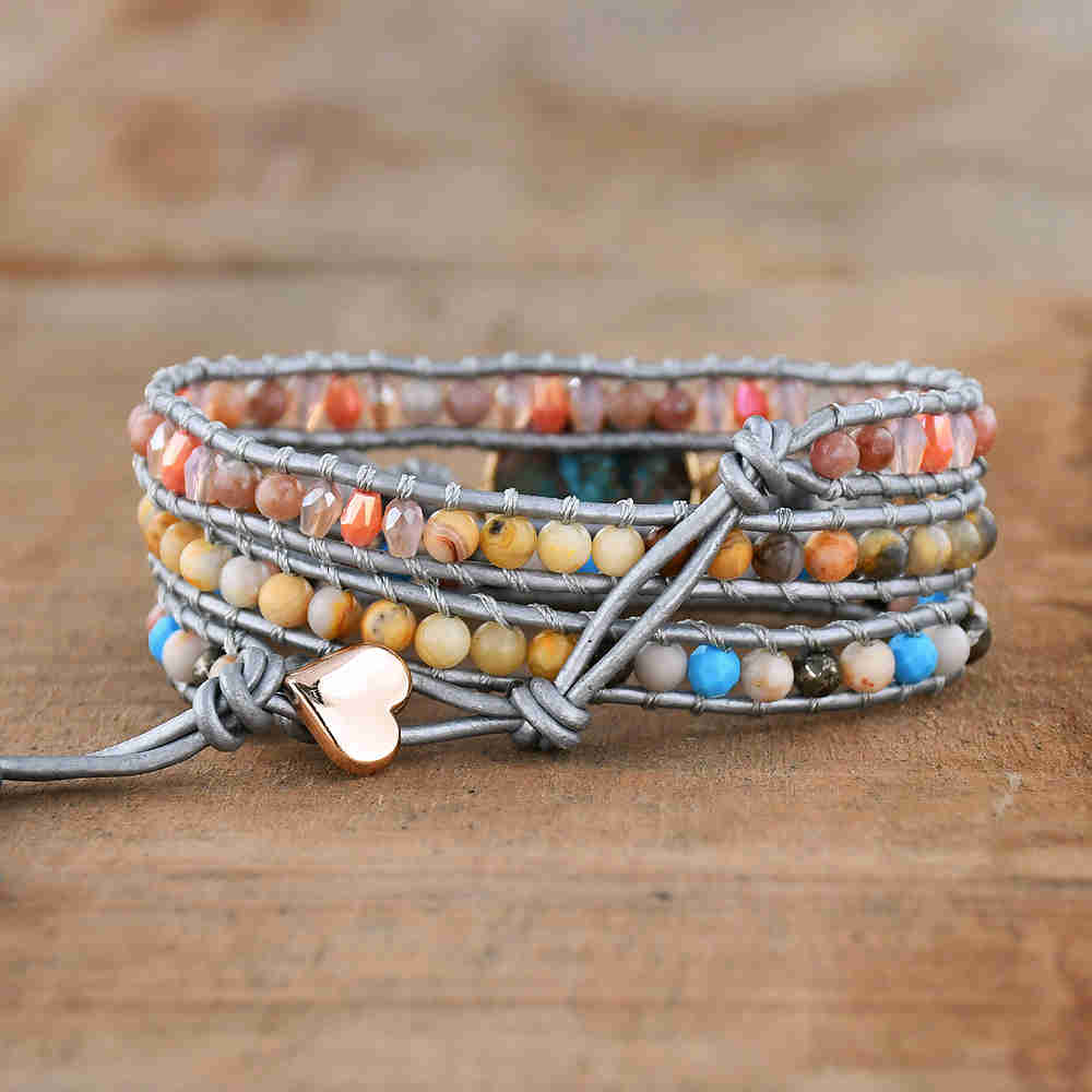 Gold Round Copper Coral Turquoise Bracelet, Leather Wrap Bracelet, Healing Crystal Stone Beaded Bracelet, Rainbow Gemstone Bracelet Jewelry HD0281 