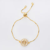 Round Gold Plated CZ Initial Letter Bracelet, Zircon Bracelet, Skinny Box Chain, Adjustable AL579