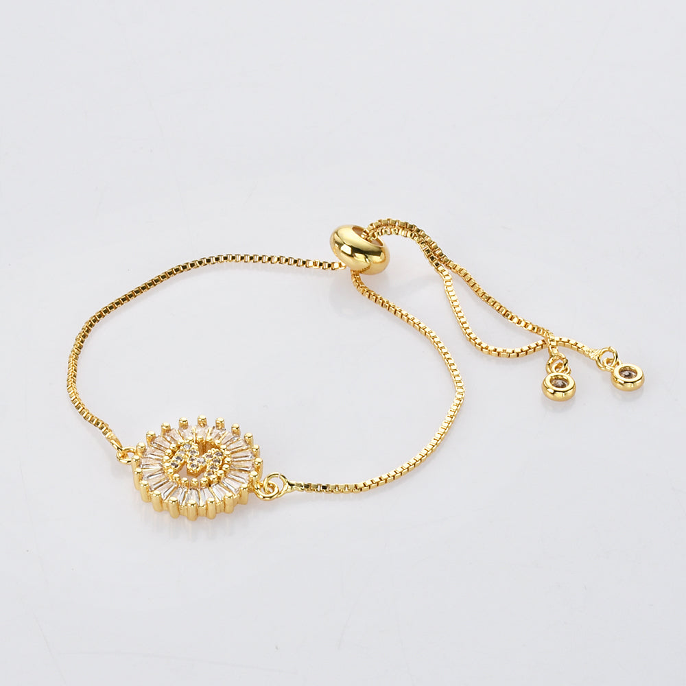 Wholesale Gold Plated CZ Letter Bracelet, Round Zircon Bracelet, Skinny Box Chain, Adjustable AL579