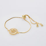 Round Gold Plated CZ Initial Letter Bracelet, Zircon Bracelet, Skinny Box Chain, Adjustable AL579