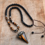 Adjustable Tigers Eye Point 6mm Black Agate Mala Beads Necklace, Healing Boho Jewelry HD0311