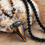 Adjustable Tigers Eye Point 6mm Black Agate Mala Beads Necklace, Healing Boho Jewelry HD0311