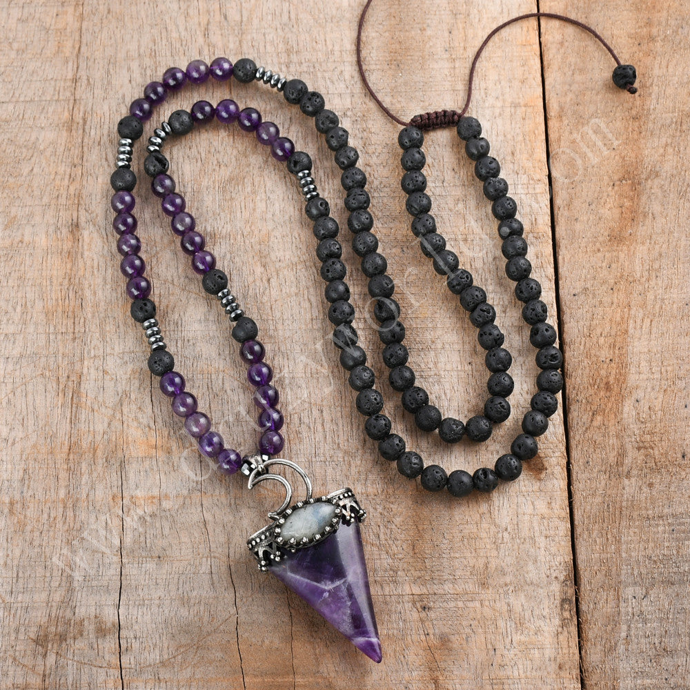 31" Amethyst Crystal Point Lava Stone Mala Beads Long Necklace, Handmade Boho Jewelry HD0313