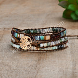 Gold Tree of Life Multi Natural Stone Beads Leather Wrap Bracelet, Handmade Boho Jewelry HD0362