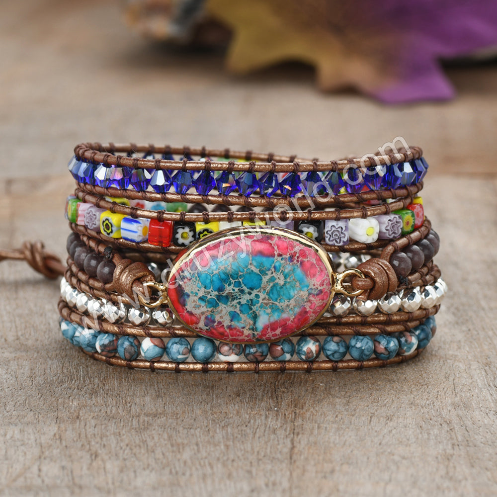 Sea Sediment Jasper Leather Wrap Bracelet, 5-Layers, Handmade Boho Jewelry HD0361