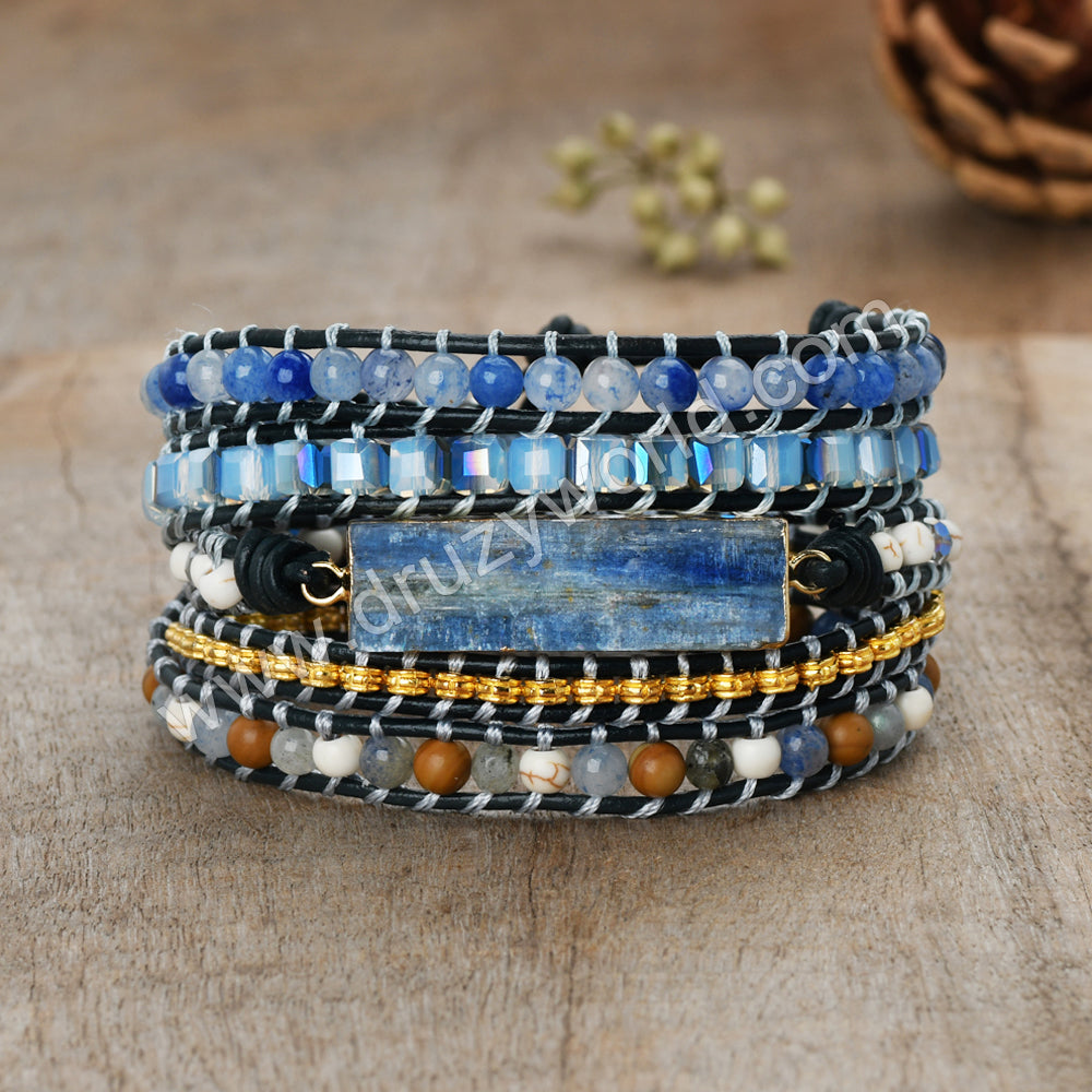 Gold Plated Natural Kyanite Leather Wrap Bracelet, 4mm Beads, 5-Layers, Handmade Boho Jewelry HD0363