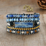 Gold Plated Natural Kyanite Leather Wrap Bracelet, 4mm Beads, 5-Layers, Handmade Boho Jewelry HD0363