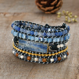 Gold Plated Natural Kyanite Leather Wrap Bracelet, 4mm Beads, 5-Layers, Handmade Boho Jewelry HD0363