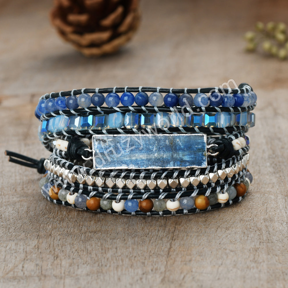 Gold Plated Natural Kyanite Leather Wrap Bracelet, 4mm Beads, 5-Layers, Handmade Boho Jewelry HD0363