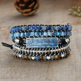 Gold Plated Natural Kyanite Leather Wrap Bracelet, 4mm Beads, 5-Layers, Handmade Boho Jewelry HD0363