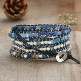 Gold Plated Natural Kyanite Leather Wrap Bracelet, 4mm Beads, 5-Layers, Handmade Boho Jewelry HD0363