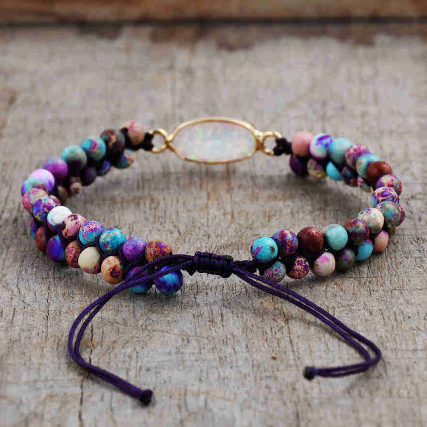 Gold Oval White Opal Purple Sea Sediment Jasper Beads Wire Wrap Bracelet, Handmade Boho Jewelry HD0286