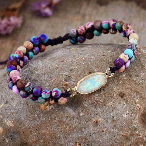 Gold Oval White Opal Purple Sea Sediment Jasper Beads Wire Wrap Bracelet, Handmade Boho Jewelry HD0286